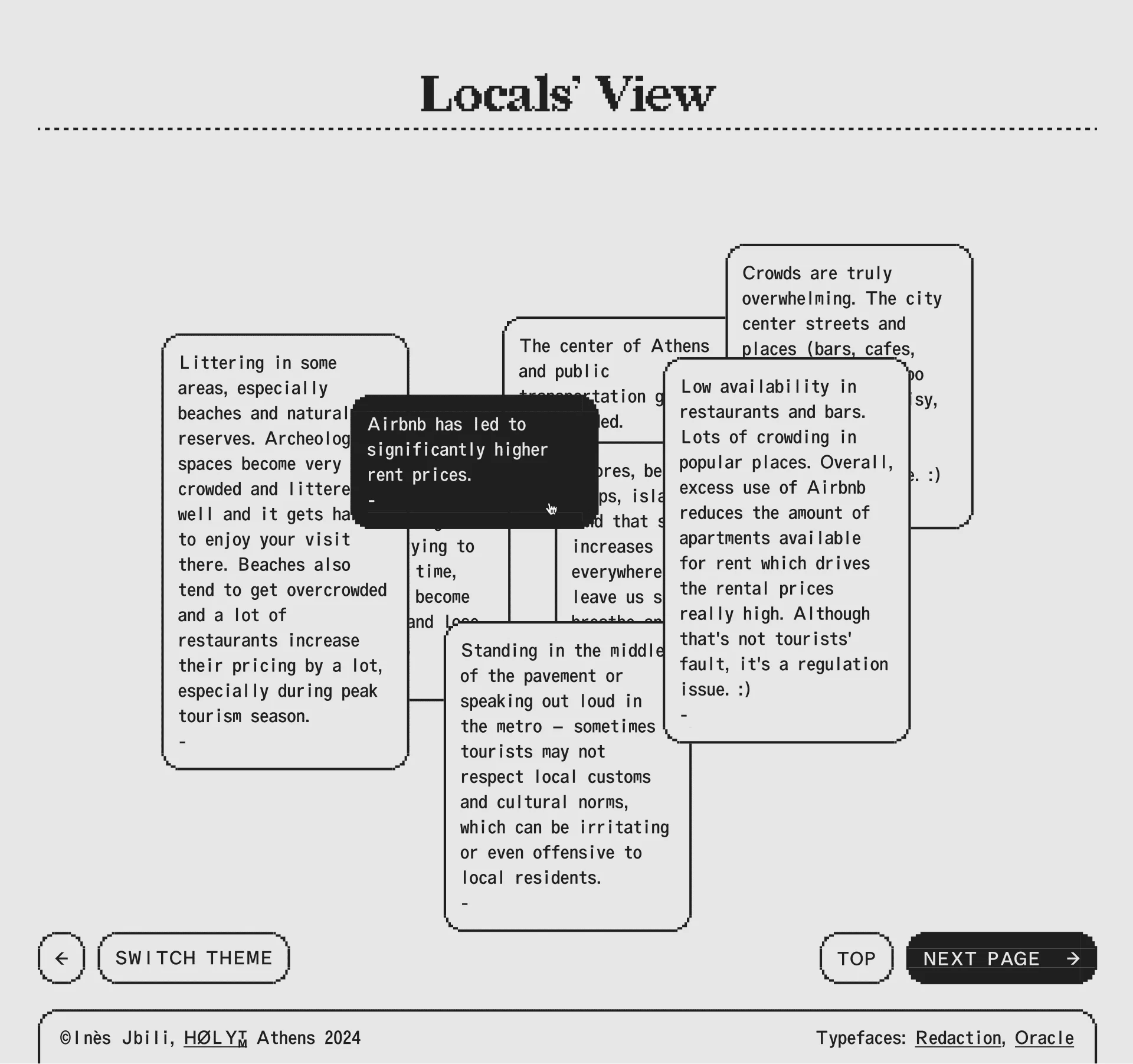 Interface avec témoignages interactifs draggables de résidents athéniens